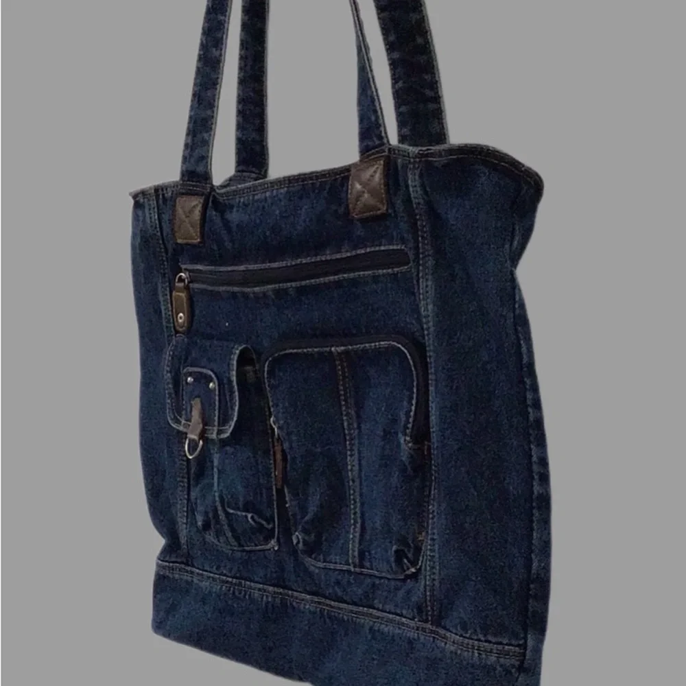 Denim Lightweight Large Tote, Shoulder Bag, Shopping, Pocket Decor, Cotton, Blue - Picture 8 of 11
